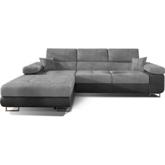 - Canapé d'angle convertible ARMEL en tissu velours luxe 5 places, gris clair / gris foncé, bicolore, avec coffre, angle gauche