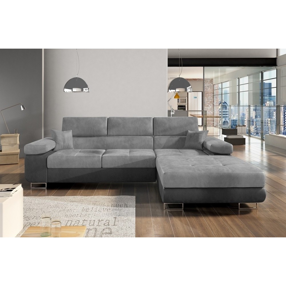 Canapé d'angle convertible ARMEL en tissu velours luxe 5 places, gris clair / gris foncé, bicolore, avec coffre, angle droit (vu Canapé d'angle convertible ARMEL en tissu velours luxe 5 places, gris clair / gris foncé, bicolore, avec coffre, angle droit (vu