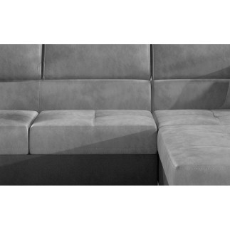 Canapé d'angle convertible ARMEL en tissu velours luxe 5 places, gris clair / gris foncé, bicolore, avec coffre, angle droit (vu