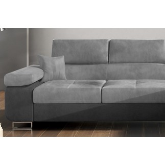 Canapé d'angle convertible ARMEL en tissu velours luxe 5 places, gris clair / gris foncé, bicolore, avec coffre, angle droit (vu