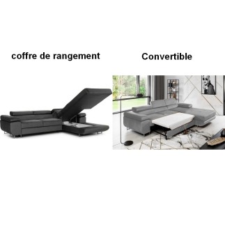 Canapé d'angle convertible ARMEL en tissu velours luxe 5 places, gris clair / gris foncé, bicolore, avec coffre, angle droit (vu