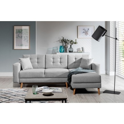 Canapé d'angle convertible ASSIA en tissu de qualité 5 places, gris, angle droit (vu de face)