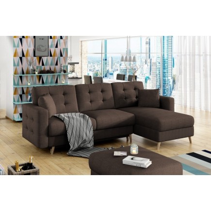 Canapé d'angle convertible ASSIA en tissu de qualité 5 places, marron foncé, angle droit (vu de face)