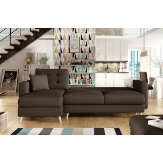 Canapé d'angle convertible ASSIA - en tissu de qualité 5 places, marron foncé, angle gauche (vu de face)