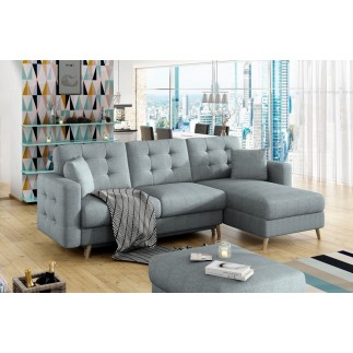 Canapé d'angle convertible ASSIA en tissu de qualité 5 places, bleu, angle droit (vu de face)