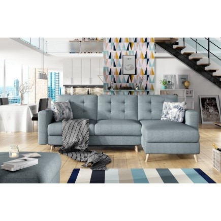 Canapé d'angle convertible ASSIA en tissu de qualité 5 places, bleu, angle droit (vu de face)