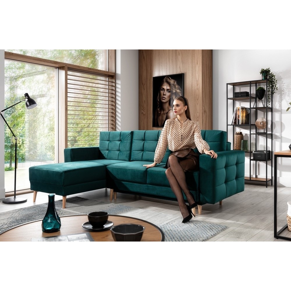 Canapé d'angle convertible - ASSIA VELOURS - en tissu de qualité 5 places, vert, angle gauche (vu de face) Canapé d'angle convertible - ASSIA VELOURS - en tissu de qualité 5 places, vert, angle gauche (vu de face)