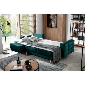 Canapé d'angle convertible - ASSIA VELOURS - en tissu de qualité 5 places, vert, angle gauche (vu de face)