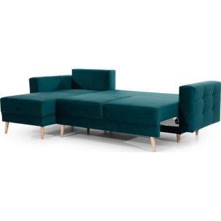 Canapé d'angle convertible - ASSIA VELOURS - en tissu de qualité 5 places, vert, angle gauche (vu de face)