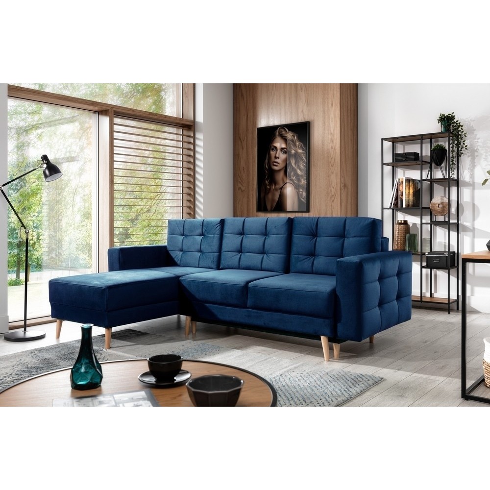 Canapé d'angle convertible ASSIA VELOURS - en tissu de qualité 5 places, bleu foncé, angle gauche (vu de face) Canapé d'angle convertible ASSIA VELOURS - en tissu de qualité 5 places, bleu foncé, angle gauche (vu de face)