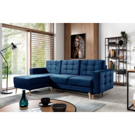 Canapé d'angle convertible ASSIA VELOURS - en tissu de qualité 5 places, bleu foncé, angle gauche (vu de face)