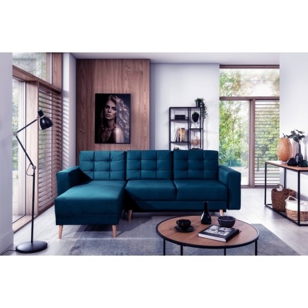 Canapé d'angle convertible ASSIA VELOURS - en tissu de qualité 5 places, bleu foncé, angle gauche (vu de face)