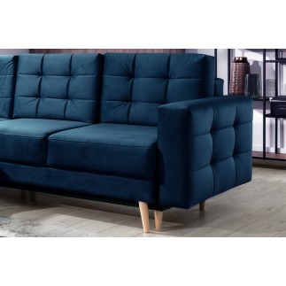 Canapé d'angle convertible ASSIA VELOURS - en tissu de qualité 5 places, bleu foncé, angle gauche (vu de face)