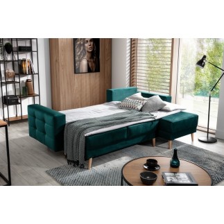 Canapé d'angle convertible ASSIA VELOURS - en tissu de qualité 5 places, vert, angle droit (vu de face)