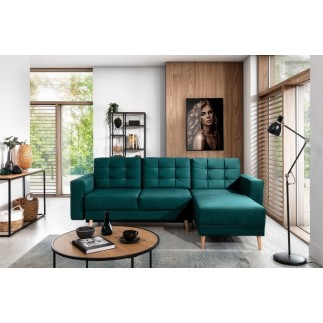 Canapé d'angle convertible ASSIA VELOURS - en tissu de qualité 5 places, vert, angle droit (vu de face)