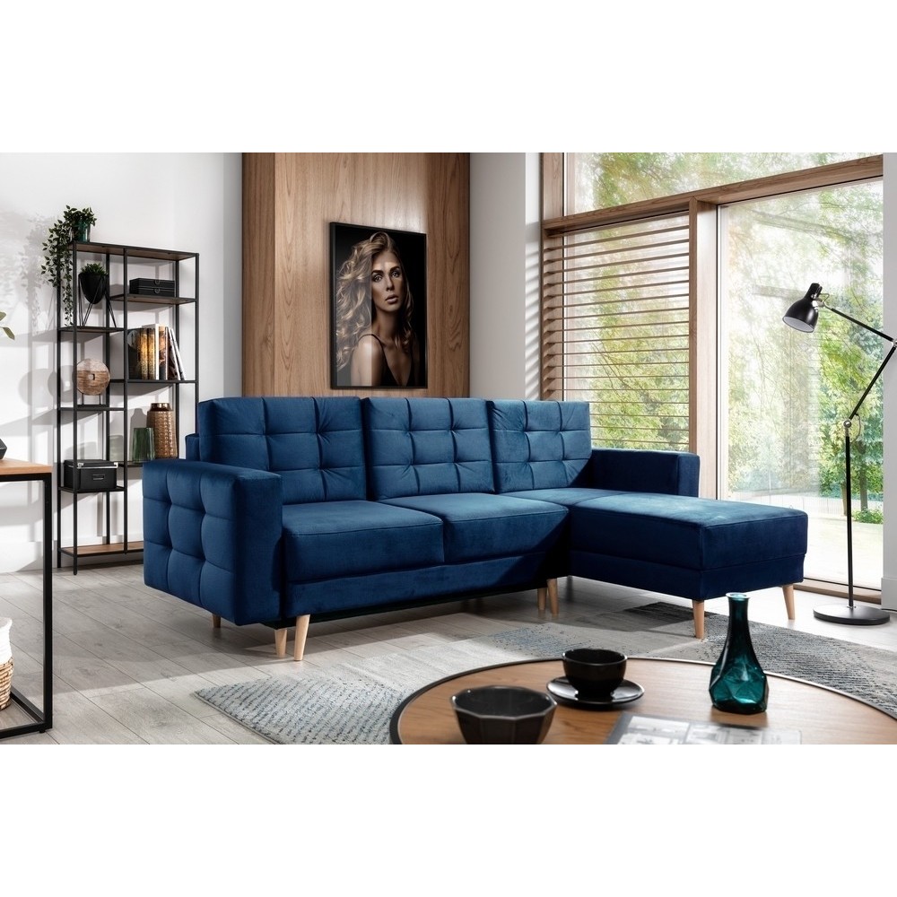Canapé d'angle convertible ASSIA VELOURS - en tissu de qualité 5 places, bleu foncé, angle droit (vu de face) Canapé d'angle convertible ASSIA VELOURS - en tissu de qualité 5 places, bleu foncé, angle droit (vu de face)