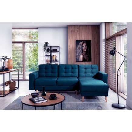 Canapé d'angle convertible ASSIA VELOURS - en tissu de qualité 5 places, bleu foncé, angle droit (vu de face)