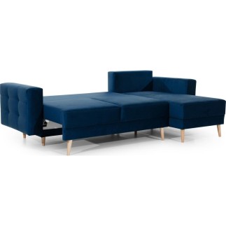 Canapé d'angle convertible ASSIA VELOURS - en tissu de qualité 5 places, bleu foncé, angle droit (vu de face)