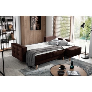 Canapé d'angle convertible ASSIA VELOURS - en tissu de qualité 5 places, marron foncé, angle droit (vu de face)