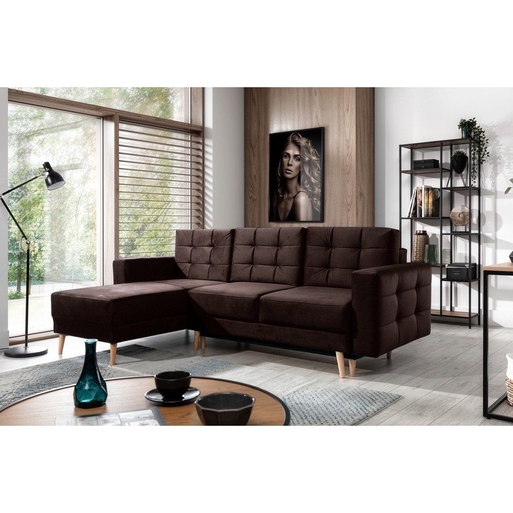 Canapé d'angle convertible ASSIA VELOURS - en tissu de qualité 5 places, marron foncé, angle gauche (vu de face) Canapé d'angle convertible ASSIA VELOURS - en tissu de qualité 5 places, marron foncé, angle gauche (vu de face)