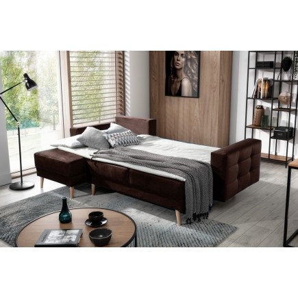 Canapé d'angle convertible ASSIA VELOURS - en tissu de qualité 5 places, marron foncé, angle gauche (vu de face)