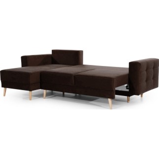Canapé d'angle convertible ASSIA VELOURS - en tissu de qualité 5 places, marron foncé, angle gauche (vu de face)