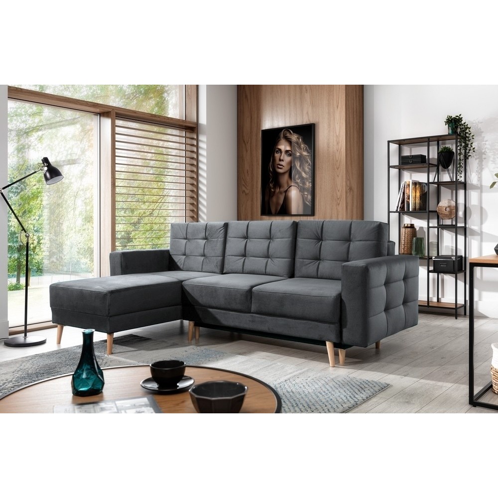 Canapé d'angle convertible ASSIA VELOURS - en tissu de qualité 5 places, gris anthracite, angle gauche (vu de face) Canapé d'angle convertible ASSIA VELOURS - en tissu de qualité 5 places, gris anthracite, angle gauche (vu de face)