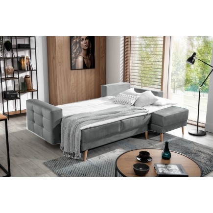 Canapé d'angle convertible ASSIA VELOURS - en tissu de qualité 5 places, gris, angle droit (vu de face)