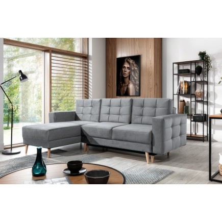 Canapé d'angle convertible - ASSIA VELOURS - en tissu de qualité 5 places, gris, angle gauche (vu de face)