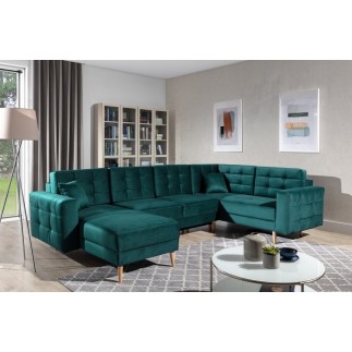 Canapé panoramique convertible - ASMA VELOURS - en tissu de qualité 5 places, vert foncé, méridienne à gauche et angle à droite