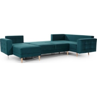 Canapé panoramique convertible - ASMA VELOURS - en tissu de qualité 5 places, vert foncé, méridienne à gauche et angle à droite