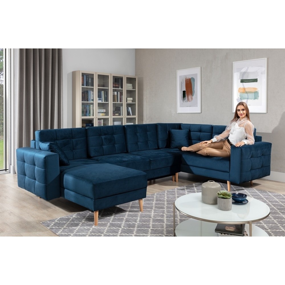 Canapé panoramique convertible - ASMA VELOURS - en tissu de qualité 5 places, bleu foncé, méridienne à gauche et angle à droite