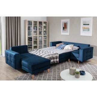 Canapé panoramique convertible - ASMA VELOURS - en tissu de qualité 5 places, bleu foncé, méridienne à gauche et angle à droite