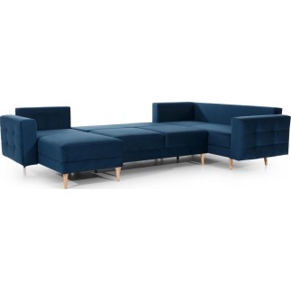 Canapé panoramique convertible - ASMA VELOURS - en tissu de qualité 5 places, bleu foncé, méridienne à gauche et angle à droite