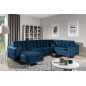 Canapé panoramique convertible - ASMA VELOURS - en tissu de qualité 5 places, bleu foncé, méridienne à gauche et angle à droite