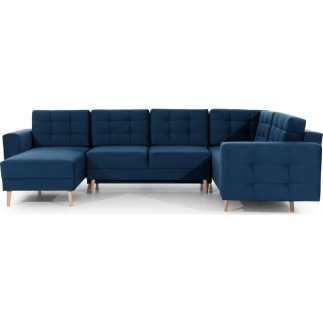 Canapé panoramique convertible - ASMA VELOURS - en tissu de qualité 5 places, bleu foncé, méridienne à gauche et angle à droite