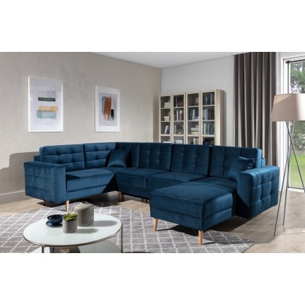 Canapé panoramique convertible - ASMA VELOURS - en tissu de qualité 5 places, bleu foncé, méridienne à droite et angle à gauche