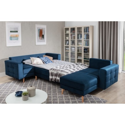 Canapé panoramique convertible - ASMA VELOURS - en tissu de qualité 5 places, bleu foncé, méridienne à droite et angle à gauche