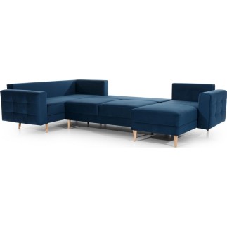 Canapé panoramique convertible - ASMA VELOURS - en tissu de qualité 5 places, bleu foncé, méridienne à droite et angle à gauche