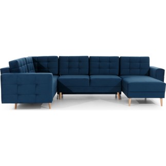 Canapé panoramique convertible - ASMA VELOURS - en tissu de qualité 5 places, bleu foncé, méridienne à droite et angle à gauche