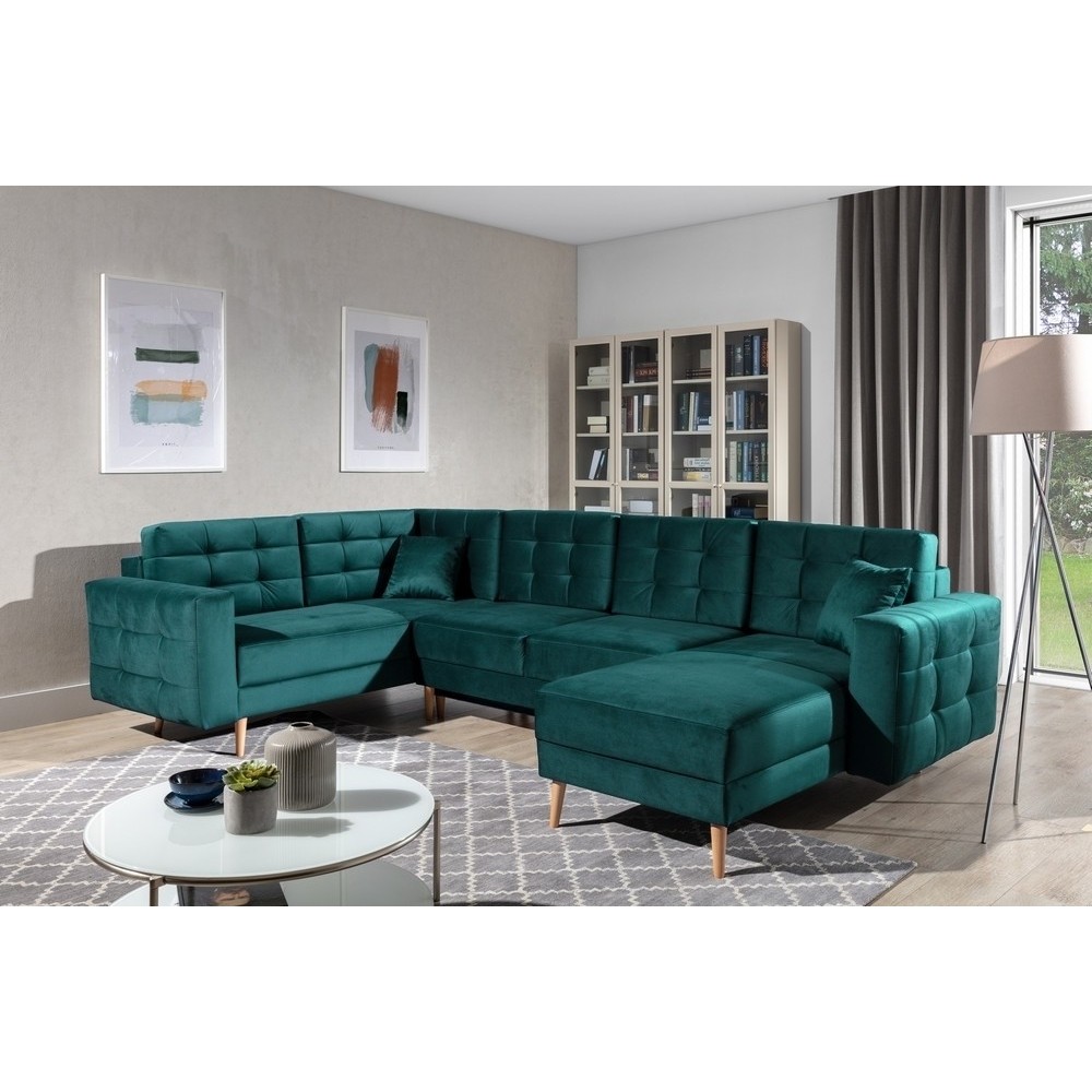 Canapé panoramique convertible - ASMA VELOURS - en tissu de qualité 5 places, vert foncé, méridienne à droite et angle à gauche Canapé panoramique convertible - ASMA VELOURS - en tissu de qualité 5 places, vert foncé, méridienne à droite et angle à gauche