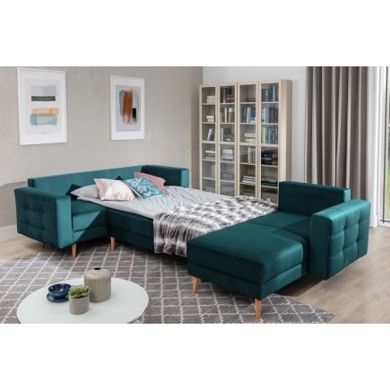 Canapé panoramique convertible - ASMA VELOURS - en tissu de qualité 5 places, vert foncé, méridienne à droite et angle à gauche