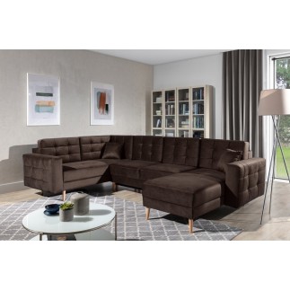 Canapé panoramique convertible - ASMA VELOURS - en tissu de qualité 5 places, marron foncé, méridienne à droite et angle à gauch
