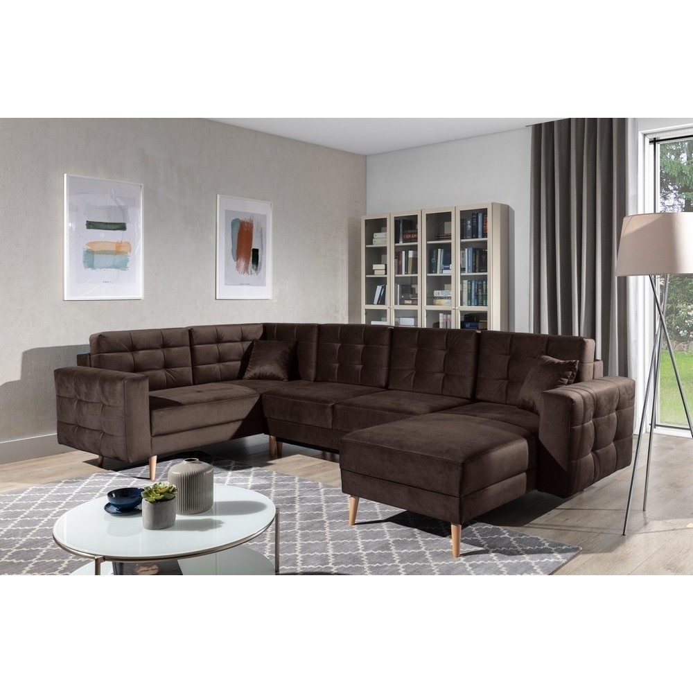 Canapé panoramique convertible - ASMA VELOURS - en tissu de qualité 5 places, marron foncé, méridienne à droite et angle à gauch Canapé panoramique convertible - ASMA VELOURS - en tissu de qualité 5 places, marron foncé, méridienne à droite et angle à gauch