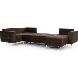 Canapé panoramique convertible - ASMA VELOURS - en tissu de qualité 5 places, marron foncé, méridienne à droite et angle à gauch
