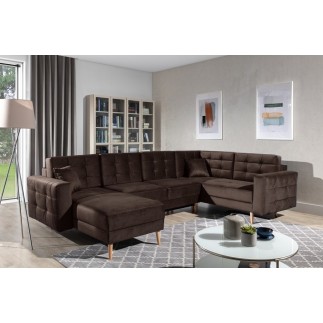 Canapé panoramique convertible - ASMA VELOURS - en tissu de qualité 5 places, marron foncé, méridienne à gauche et angle à droit