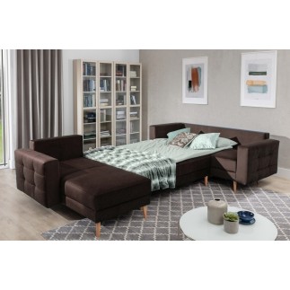 Canapé panoramique convertible - ASMA VELOURS - en tissu de qualité 5 places, marron foncé, méridienne à gauche et angle à droit