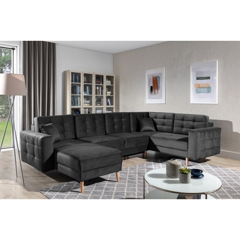 Canapé panoramique convertible - ASMA VELOURS - en tissu de qualité 5 places, gris anthracite, méridienne à gauche et angle à dr Canapé panoramique convertible - ASMA VELOURS - en tissu de qualité 5 places, gris anthracite, méridienne à gauche et angle à dr