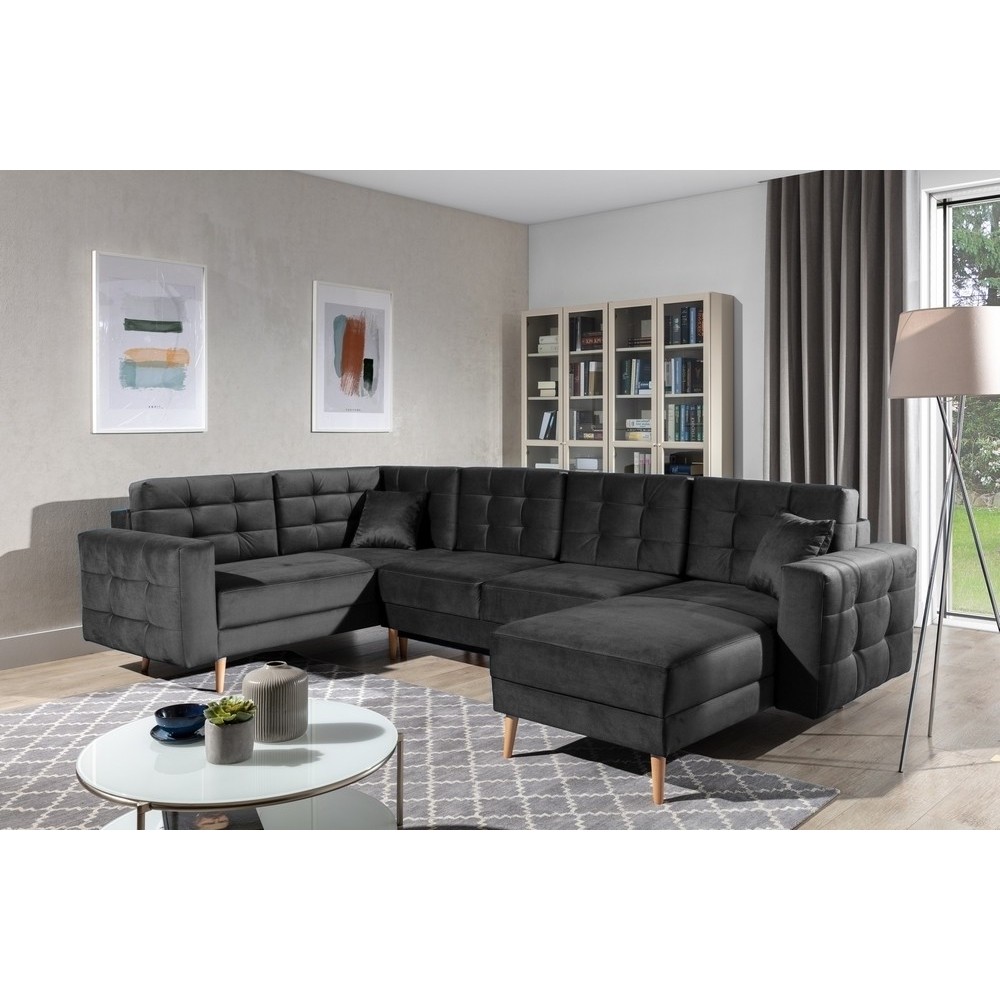 Canapé panoramique convertible - ASMA VELOURS - en tissu de qualité 5 places, gris anthracite, méridienne à droite et angle à ga Canapé panoramique convertible - ASMA VELOURS - en tissu de qualité 5 places, gris anthracite, méridienne à droite et angle à ga