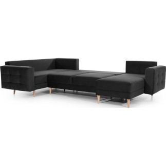 Canapé panoramique convertible - ASMA VELOURS - en tissu de qualité 5 places, gris anthracite, méridienne à droite et angle à ga